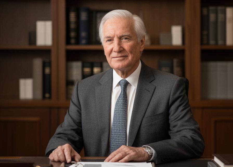 Senior-Partner in elegantem Kanzleibüro mit Bücherregal und besonnener Arbeitsatmosphäre