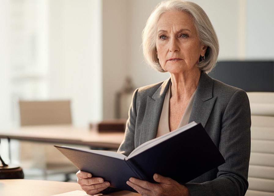 Senior-Partnerin in einem hellen Besprechungsraum mit Aktenmappe und ruhiger, konzentrierter Haltung